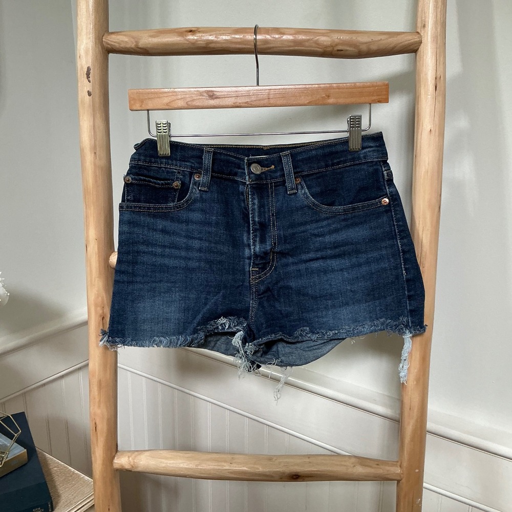 Levis High Rise Denim Shorts Dark Wash Raw Hem Size 27 Blue Cutoff Womens